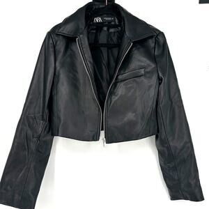 Zara Cropped Collared Faux Leather Zip Jacket